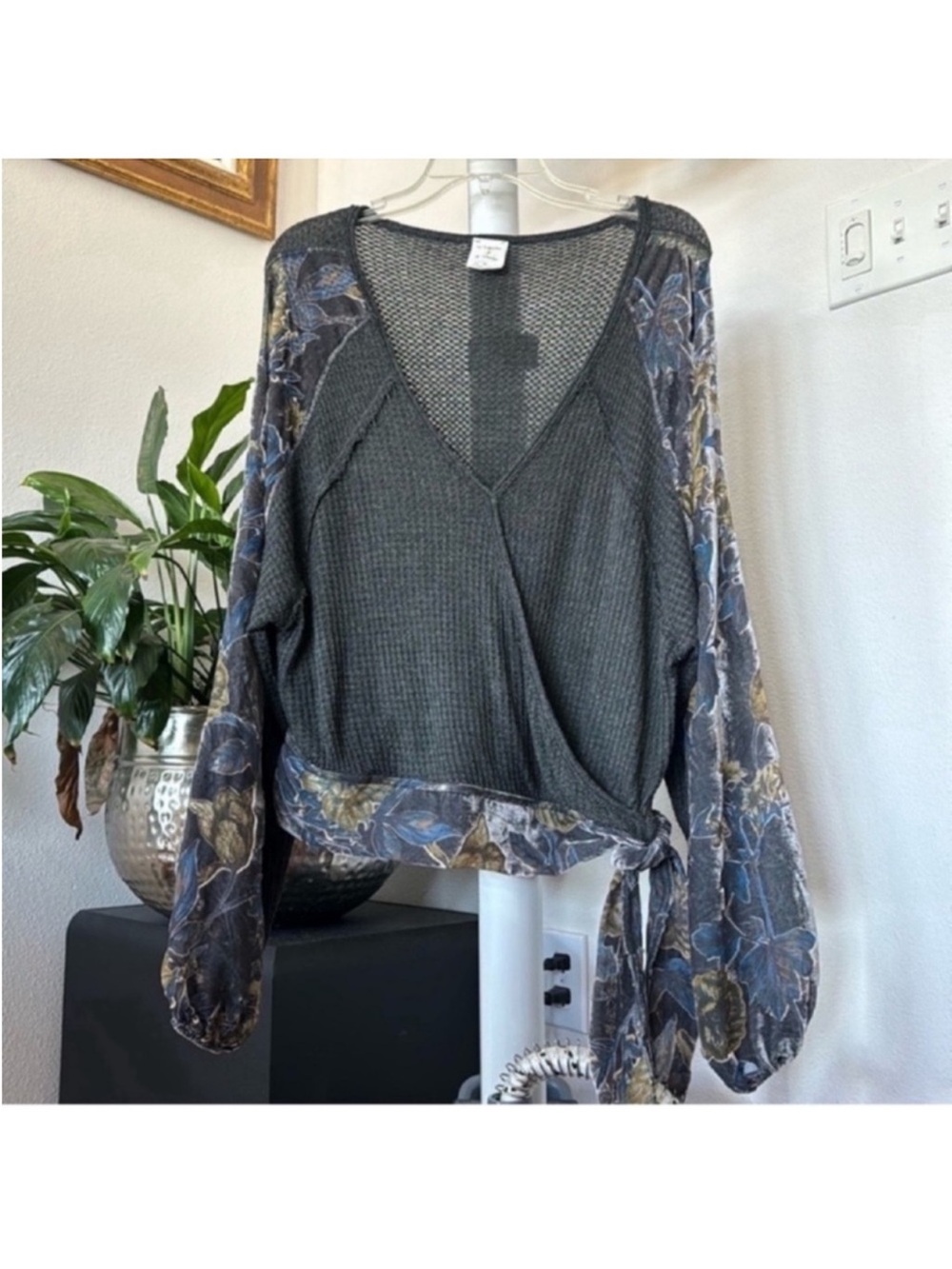 Anthropologie By Together Knit Velvet Sheer Blouse/Top Sz M Gray Blue Faux Wrap